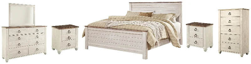 Willowton King Panel Bed with Mirrored Dresser, Chest and 2 Nightstands in Whitewash