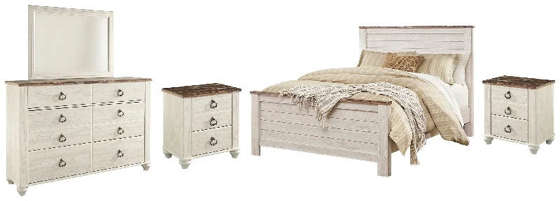 Willowton Queen Panel Bed with Mirrored Dresser and 2 Nightstands in Whitewash