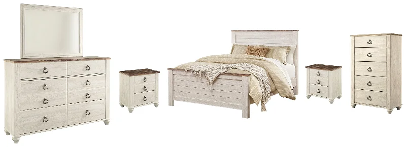 Willowton Queen Panel Bed with Mirrored Dresser, Chest and 2 Nightstands in Whitewash