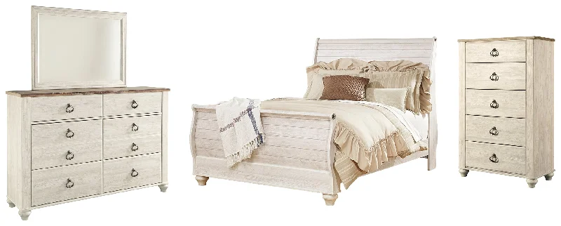 Willowton Queen Sleigh Bed with Mirrored Dresser and Chest in Whitewash