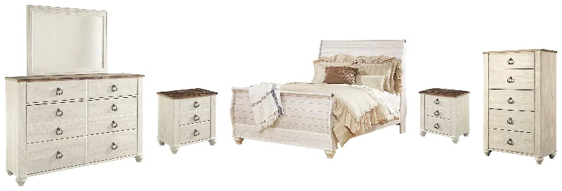 Willowton Queen Sleigh Bed with Mirrored Dresser, Chest and 2 Nightstands in Whitewash