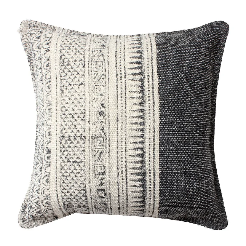 18 x 18 Square Handwoven Accent Throw Pillow, Polycotton Dhurrie, Kilim Pattern, With Neutral Gray and White Fabric