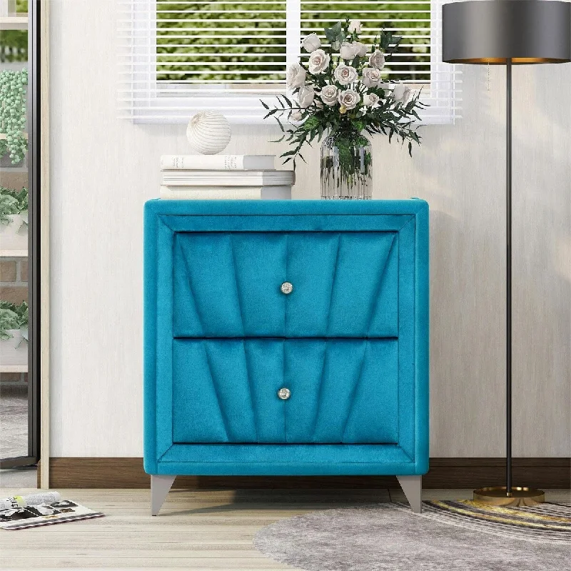 2-Drawer Wood Nightstand with Velvet Fabric and Glass Worktop