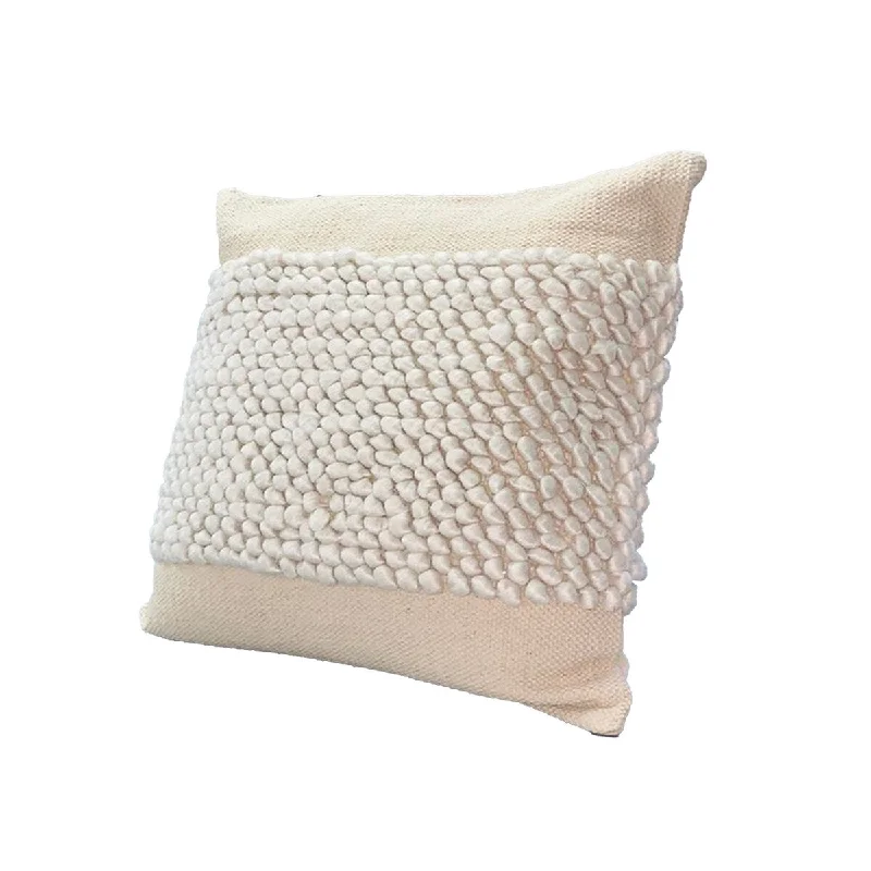 20 x 20 Handcrafted from Square Cotton Accent Throw Pillow, Soft Banded Braided Patchwork, White Tone Woven, Cream