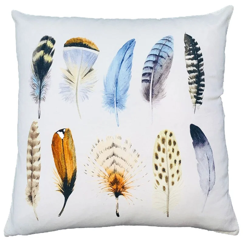 20 x 20 Modern Versatile Throw Square Cotton Accent Throw Pillow, Printed Feather Patterned Design, White, Multicolor