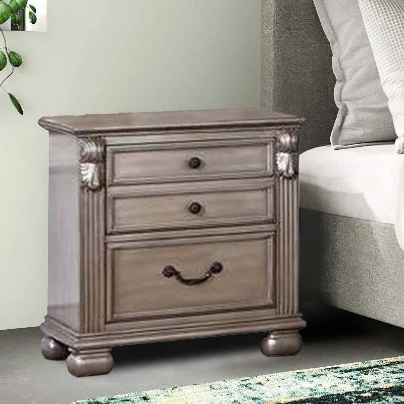 Aza 28 Inch Classic 3 Drawer Nightstand, Metal Drop Handles, Champagne Gold