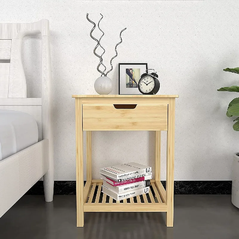 Bamboo Nightstand with Drawer and Shelf