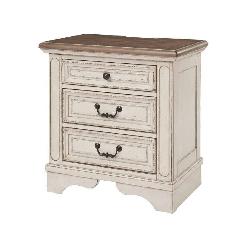 Beny 27 Inch Nightstand with 3 Drawers, Black Handles, White Wood Finish