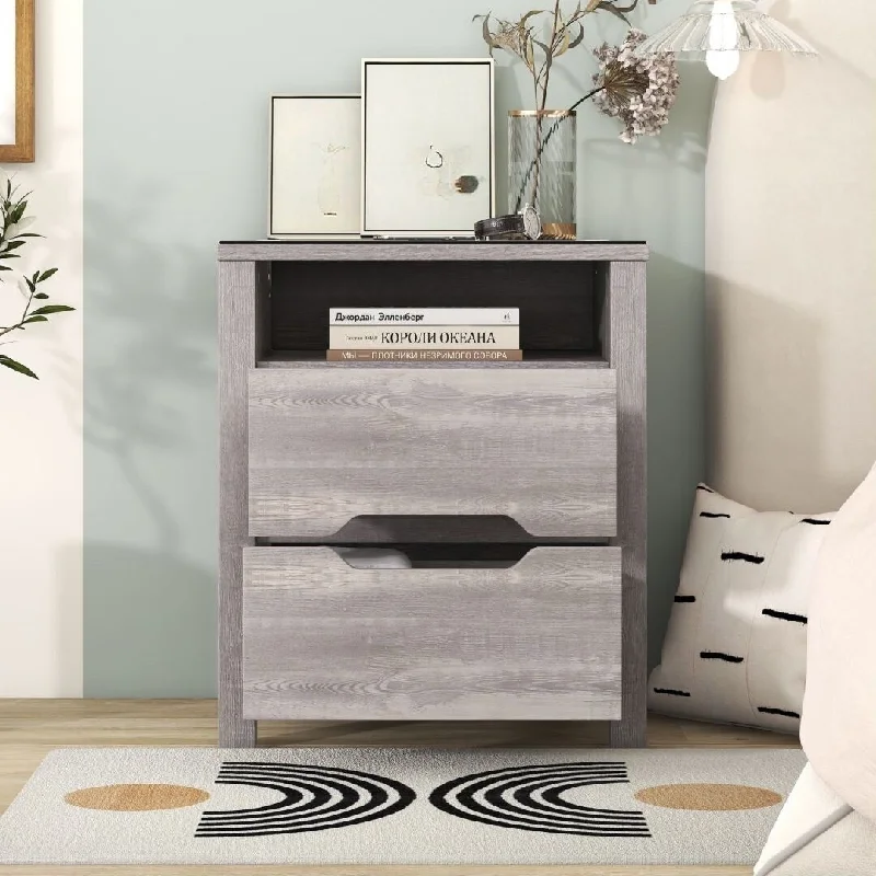 Brown Multifunctional Nightstand with 2 Drawers and adjustable LED