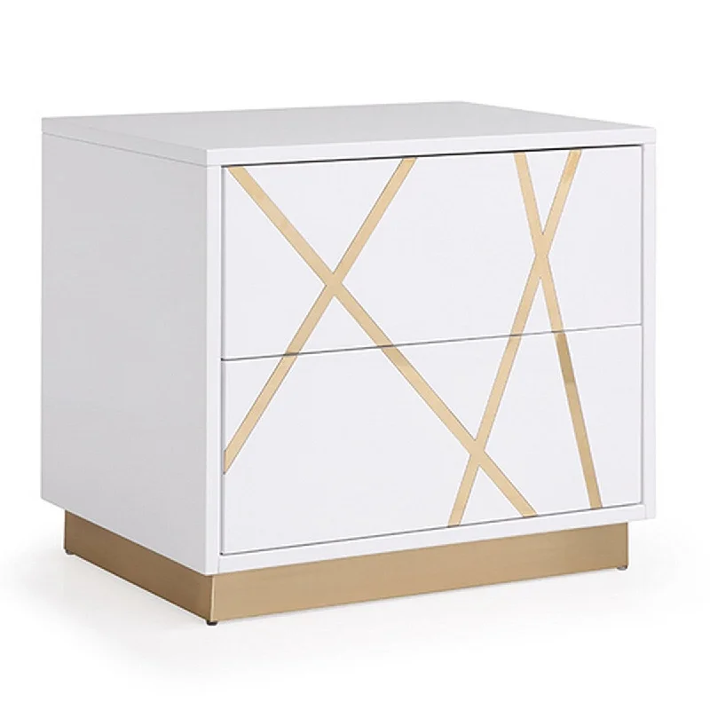 Cid Ren 28 Inch Wood Nightstand, 2 Gliding Drawers, Golden Accents, White