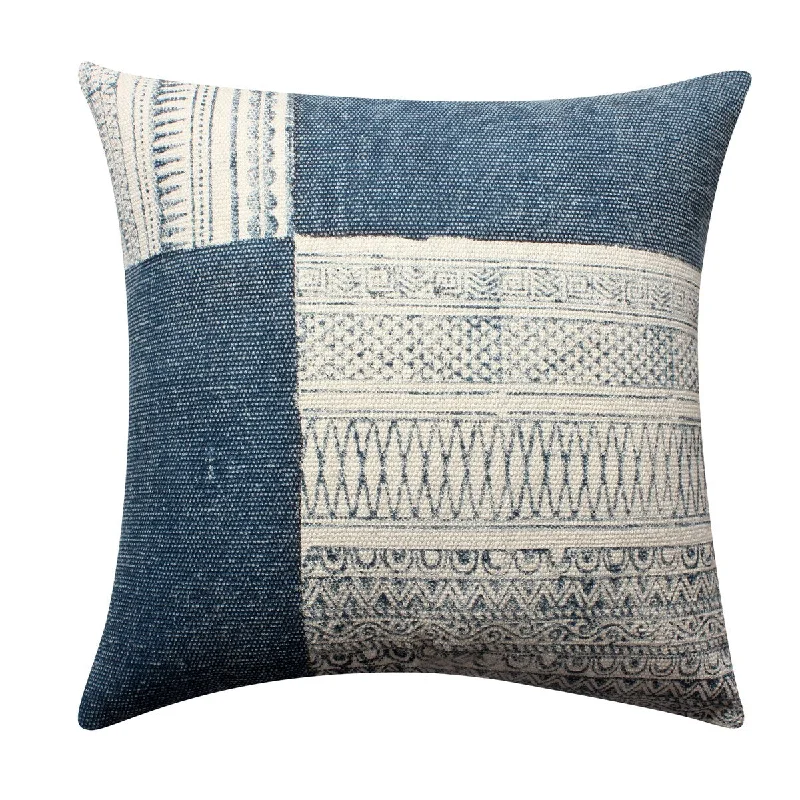 Classic Simple Kilim Pattern, 24 x 24 Square Handwoven Cotton Accent Throw Pillow, With Neutral Blue and Off White