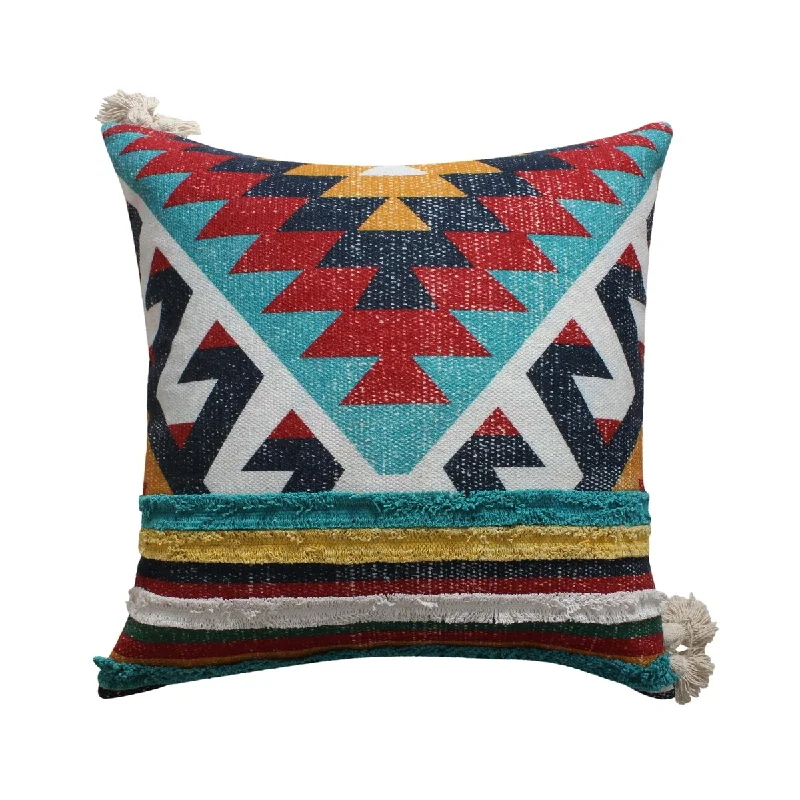 Contemporary Elegance 24 x 24 Square Handwoven Cotton Dhurrie Accent Throw Pillow, Aztec Kilim Pattern, Tassels, Multicolor