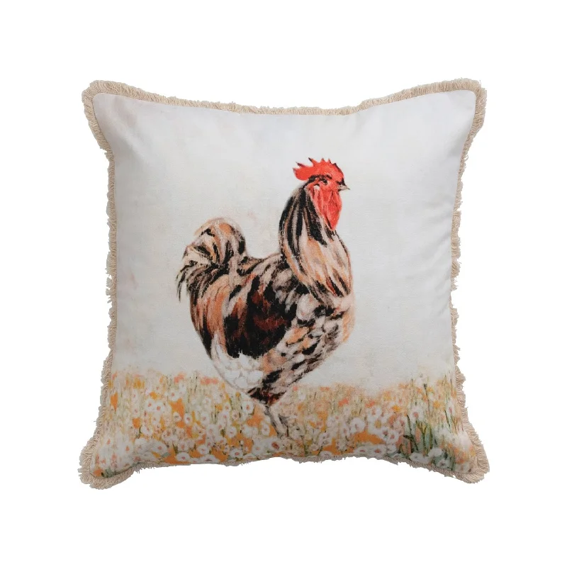 Cotton Pillow with Rooster and Eyelash Fringe