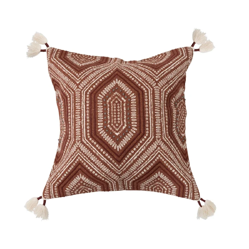 Cotton Printed Pillow with Embroidery and Tassels