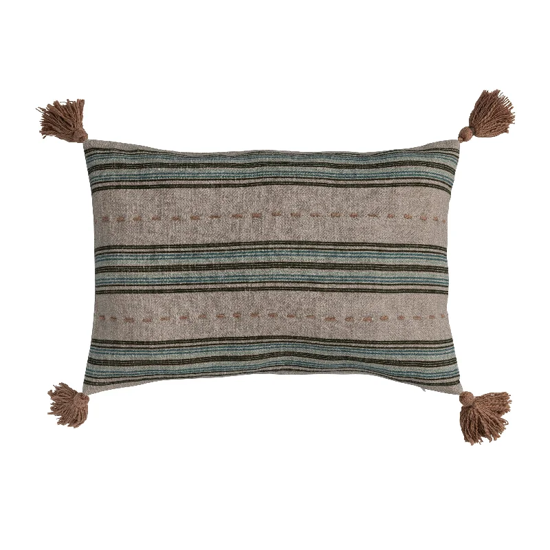 Cotton Slub Lumbar Pillow with Hand-Embroidered Stripes