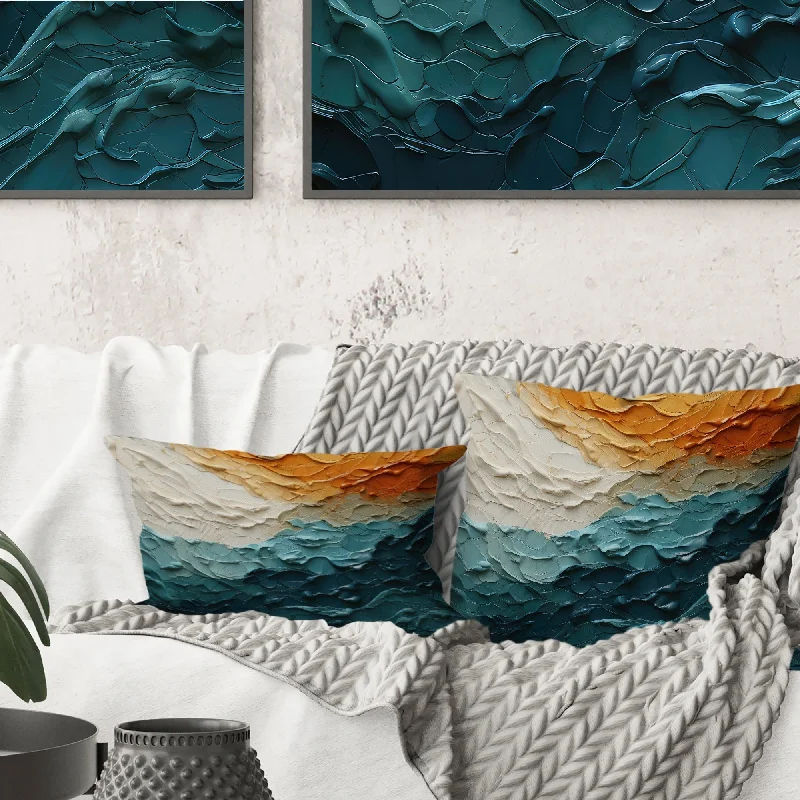 Designart "Teal Orange Ocean Coastal Essence Collage" Modern Printed Throw Pillow