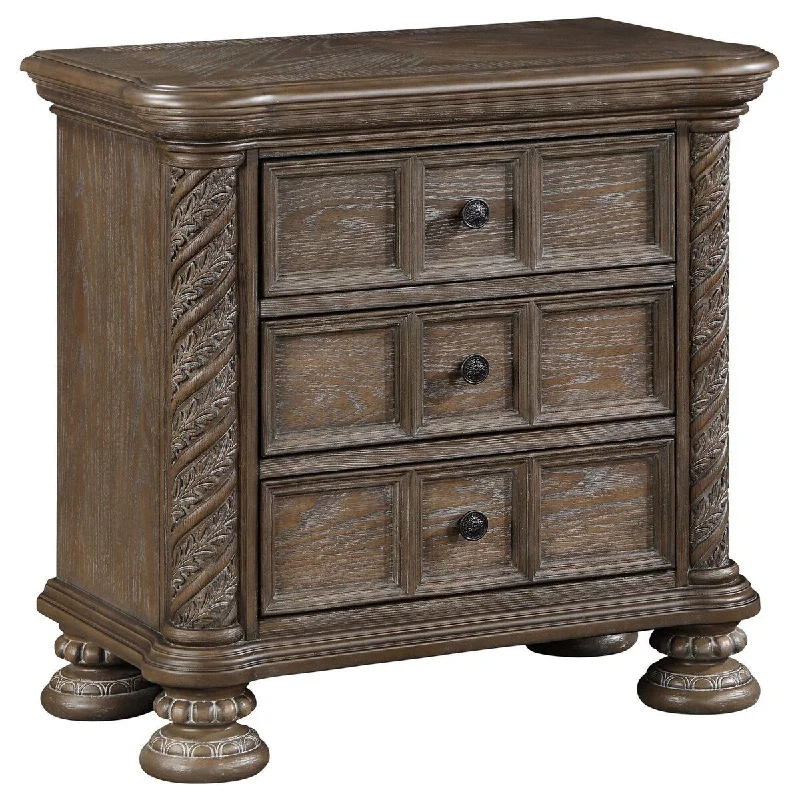 Emme 30 Inch Ornate Nightstand with 3 Drawers, USB Ports, Oak Brown