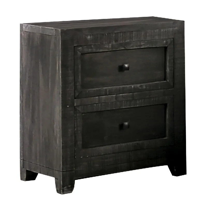 Enz 28 Inch 2 Drawer Wood Nightstand, Black Square Knobs, Charcoal Gray