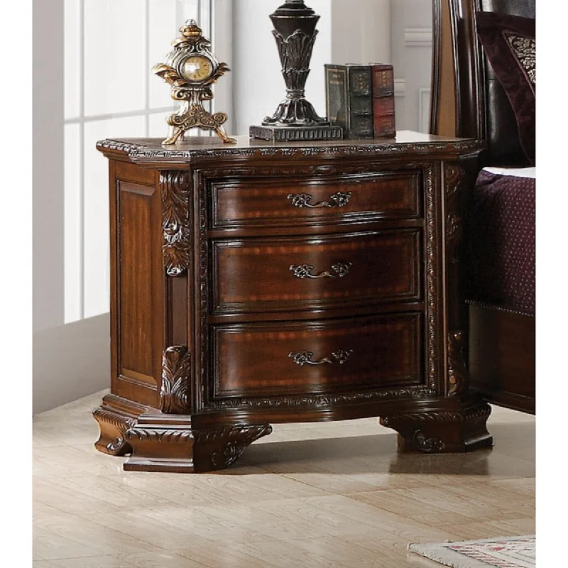 Formal Traditional 1pc Nightstand Only Brown Cherry Solid wood 3-Drawers Intricate Accents Glides Bronze Hanging Pulls