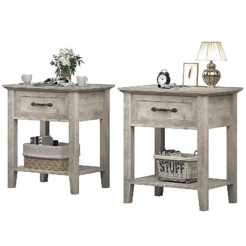 Grey Night Stand Set of 2 with Storage Drawer and Open Shelf