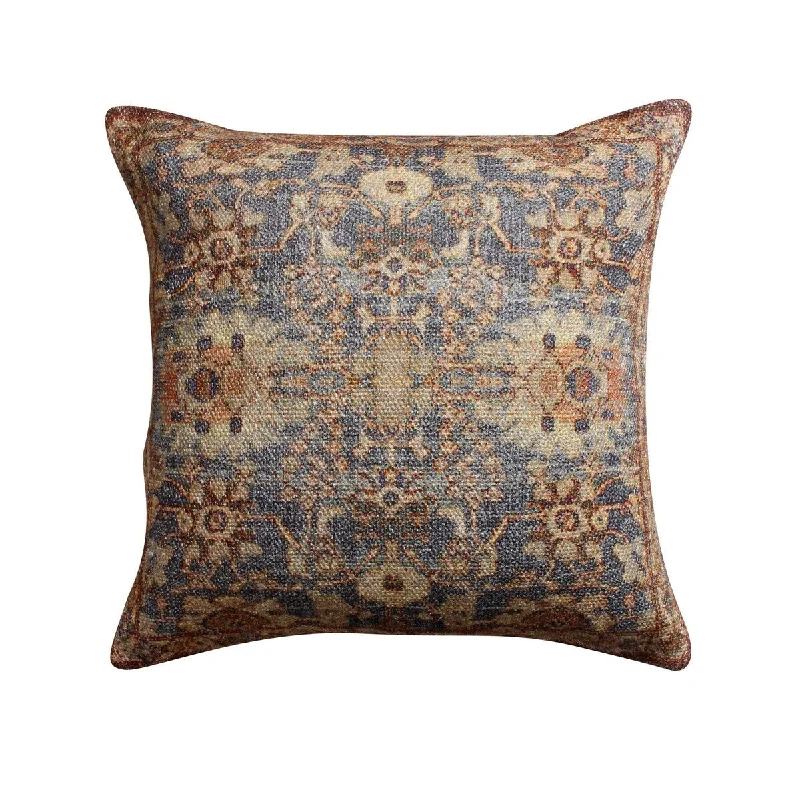 Handcrafted Square Cotton Accent Throw Pillow Unique Character, Ornate Vintage Floral Pattern, Blue, Brown