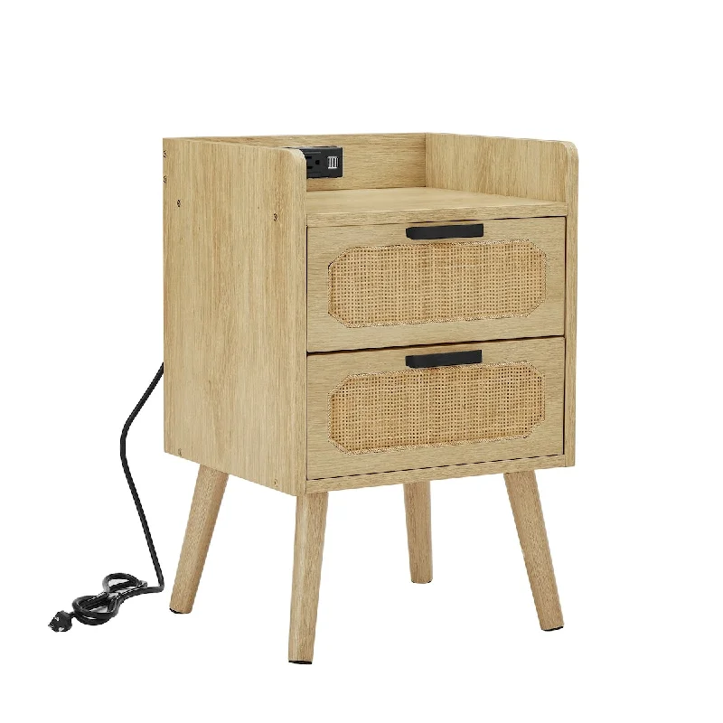 Handmade Rattan Nightstand with Outlets, USB Port, Octagonal Drawer, and Solid Wood Legs