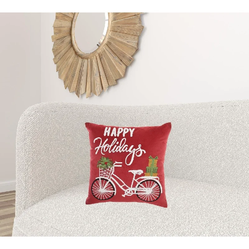 HomeRoots 18" X 18" Red Zippered Handmade Polyester Christmas Throw Pillow