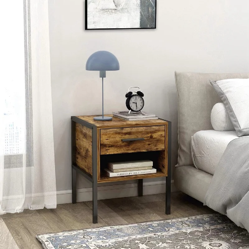 Industrial Style 2-Tier Nightstand with 1 Drawer and Shelf