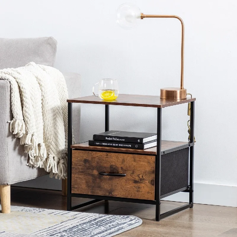 Iron Nightstand Shelf Storage with Fabric Drawer