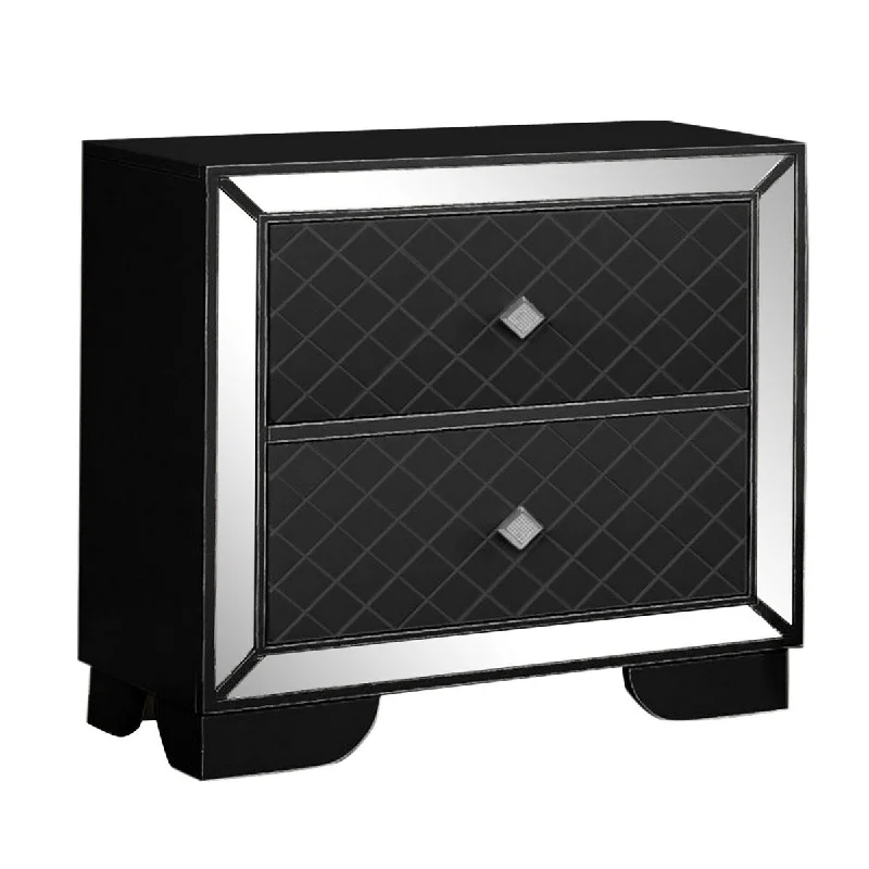 Kom 28 Inch 2 Drawer Nightstand, Diamond Pattern Front, Mirror Trim, Black