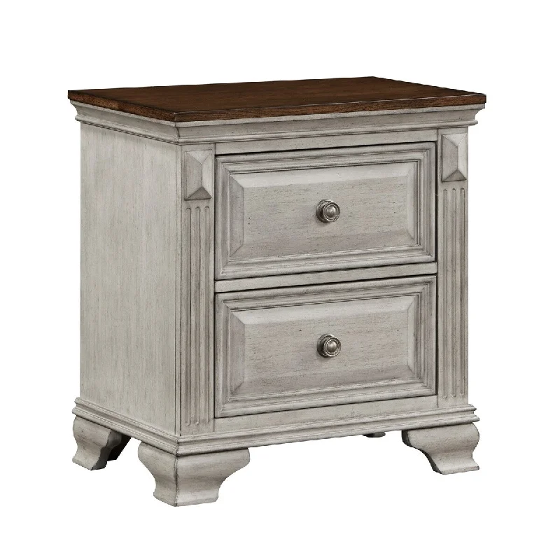 Kova 28 Inch Dual Tone Nightstand, 2 Drawers, Routed Pilasters, Gray, Brown