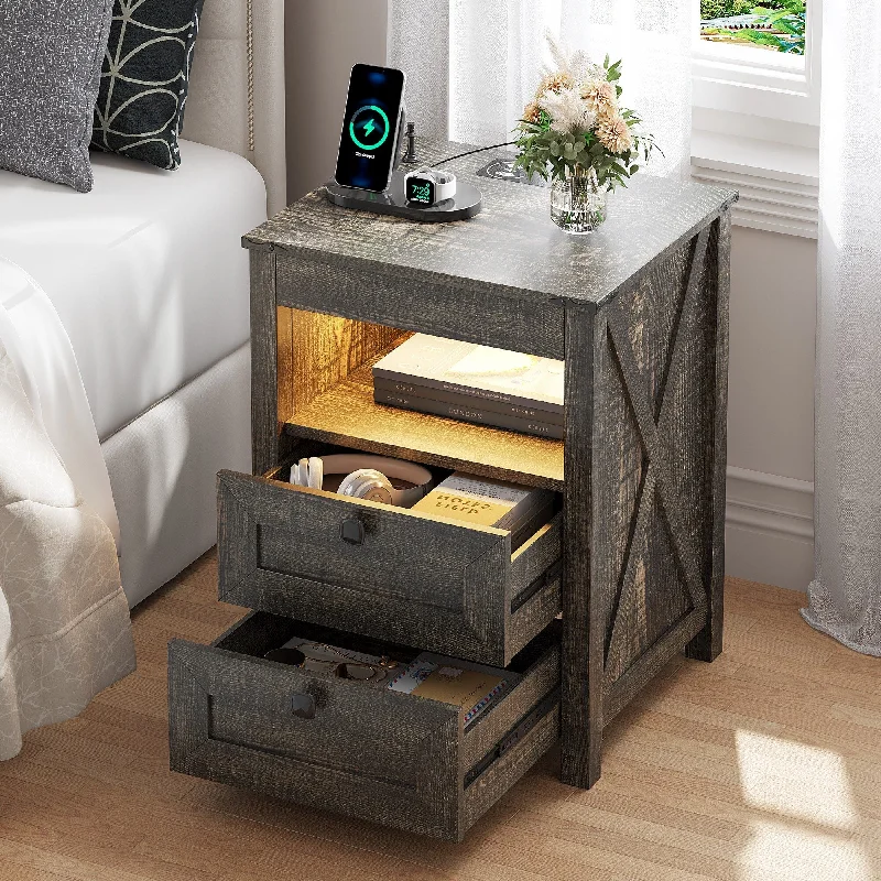 LED 2-Drawer Nightstand with Charging Station and Gun Drawer