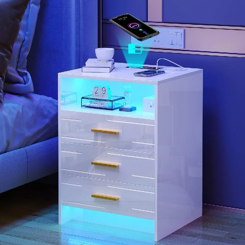 LED Nightstand with Charging Station, High Gloss 15.7"D x 17.7"W x 24"H