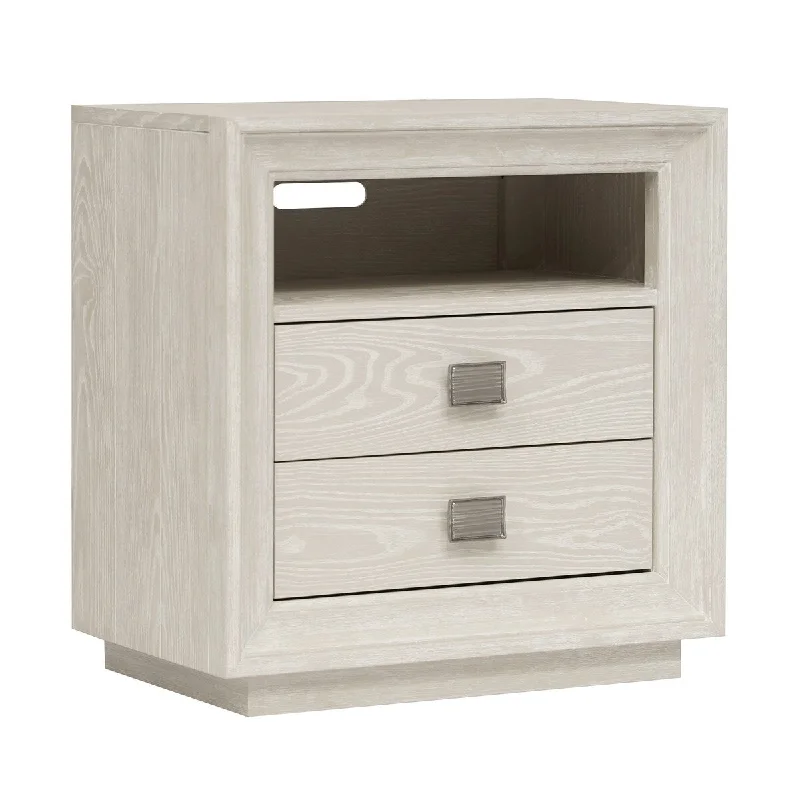 Maxi 28 Inch Nightstand, 2 Drawers, USB Charger, Metal Handles, Beige Wood