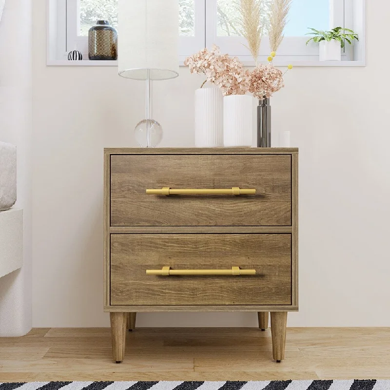 Mid-Century Modern 2 Drawers Nightstand with Golden Handles