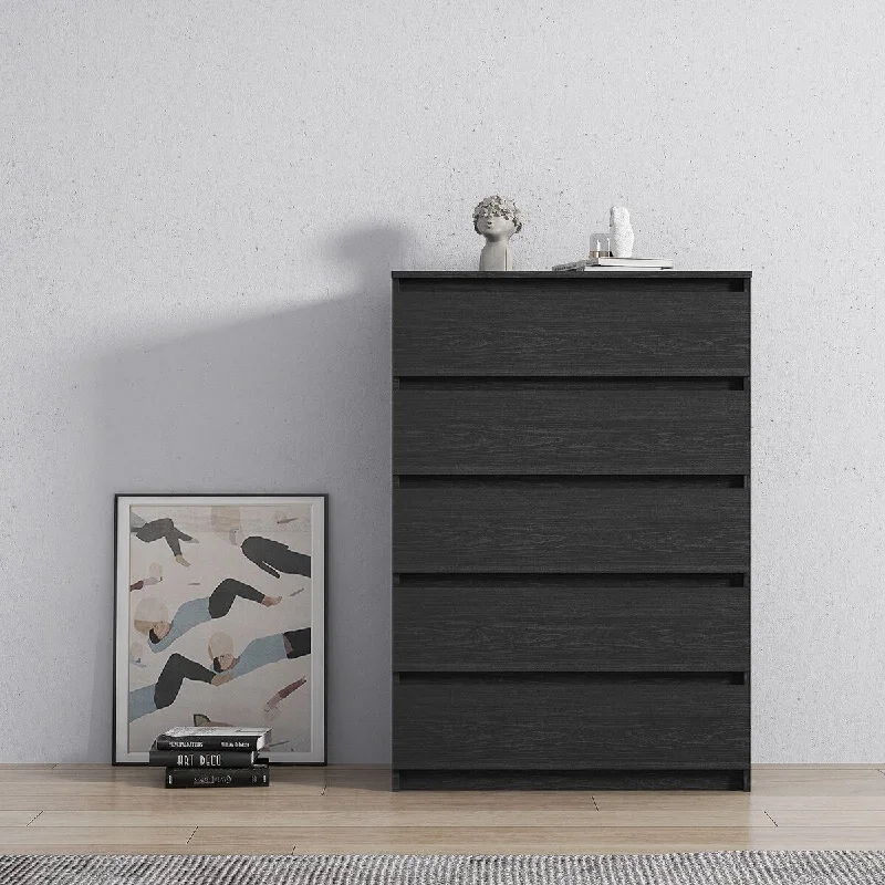 Modern 5 Wooden Drawers on Metal Slides Night Stands in Black MDF Woodgrain