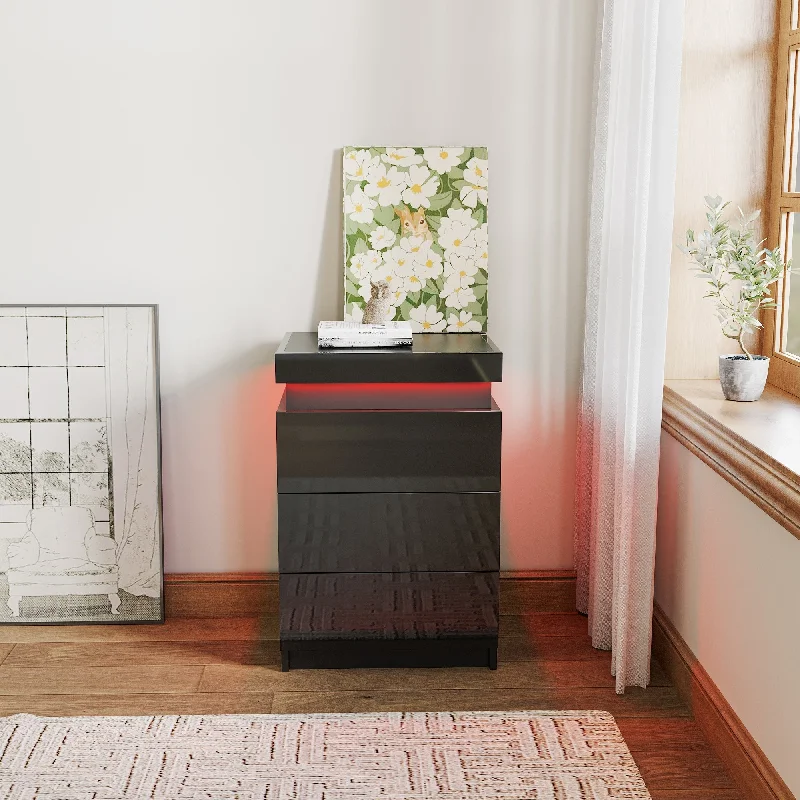 Modern High gloss UV Nightstand with 3 drawers & LED lights-Black