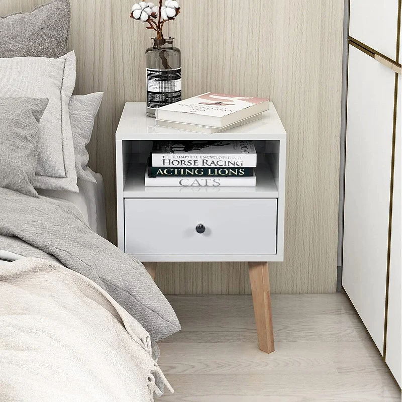 Modern Multifunctional Nightstand with Drawer and Solid Wood Legs