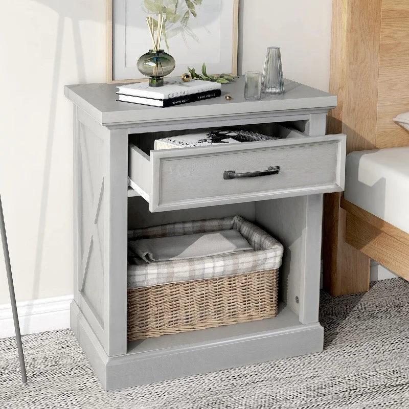 Modern Pine Wood Nightstand with Drawer, Open Storage Space and Metal Handle