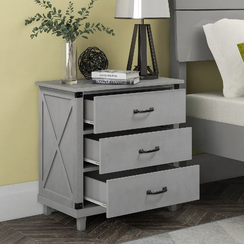 Modern Solid Pine Wood Nightstand with 3 Storage Drawer and Nonslip Rubber Pads