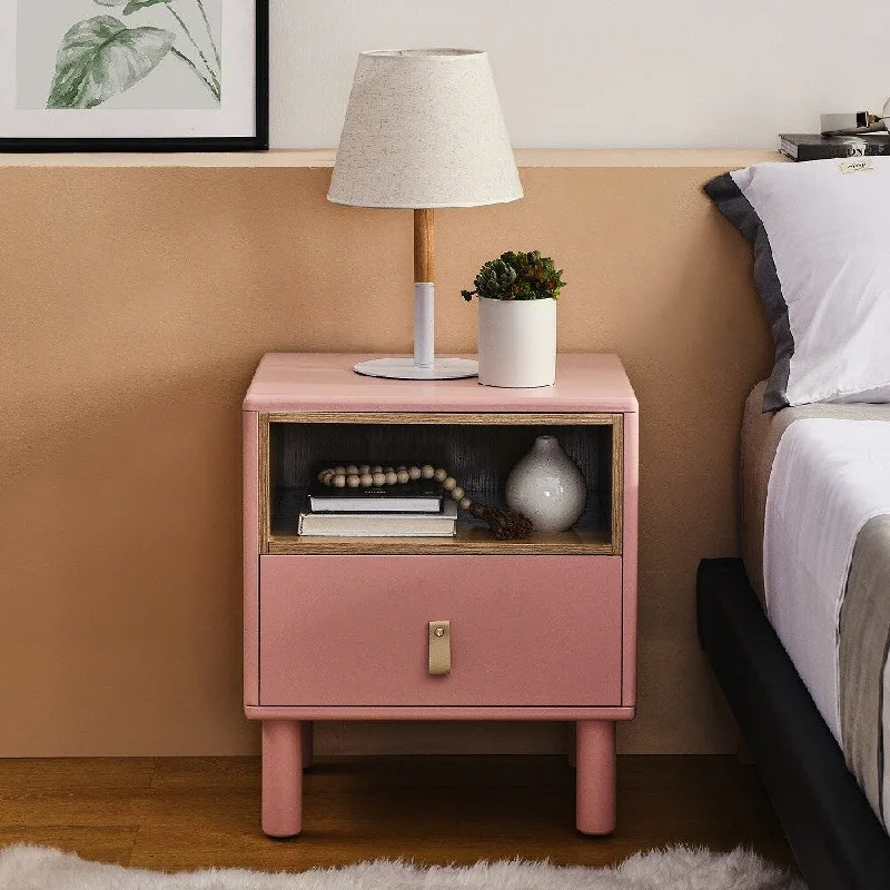 Modern Style Nightstand with Single Drawer and Leather Handle