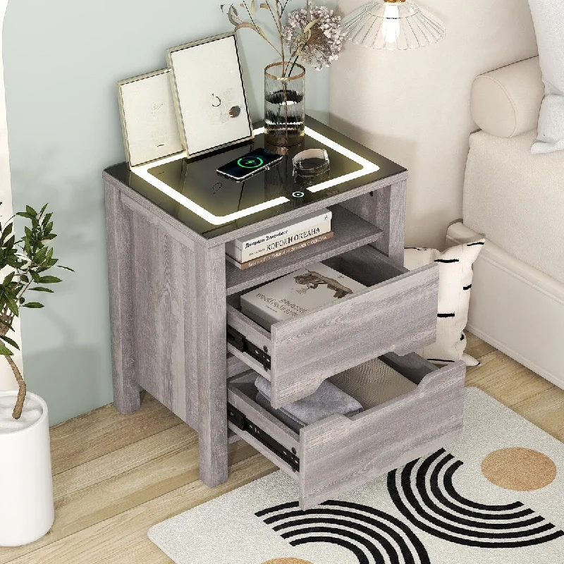 Multifunctional Storage Nightstand with 2 Drawers and an Open Shelf, Wireless Charging with Adjustable LED