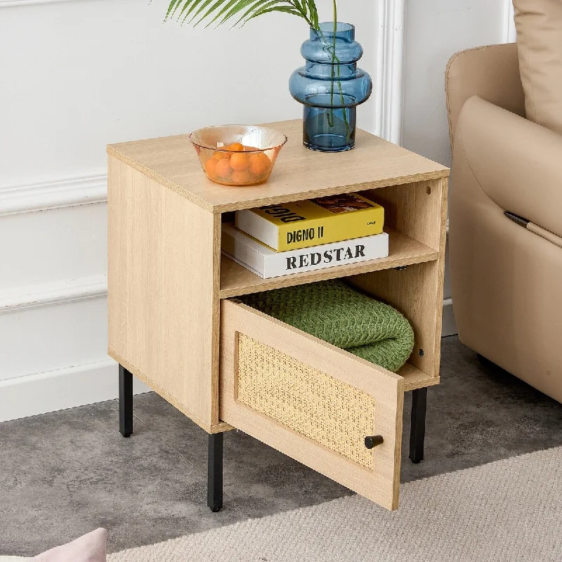 Natural MDF Nightstand Modern Minimalist Storage Cabinet with One Drawer and One Open Shelf