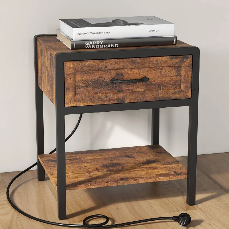 Nightstand Set of 2 with USB Ports, Drawers, Shelf