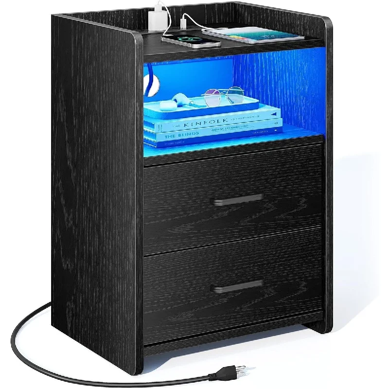 Nightstand with Charging Station and LED Light Strip,Tables 13.78"D x 15.75"W x 23.62"H