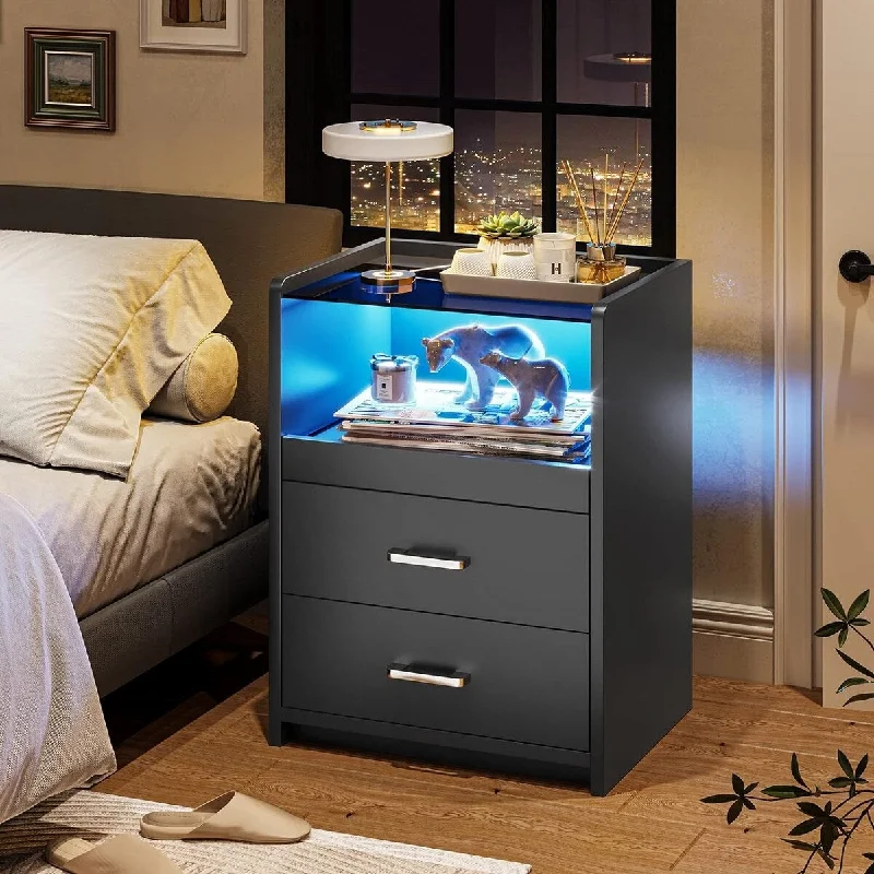 Nightstand with Charging Station and LED Lights 13.6"D x 17.7"W x 23.6"H