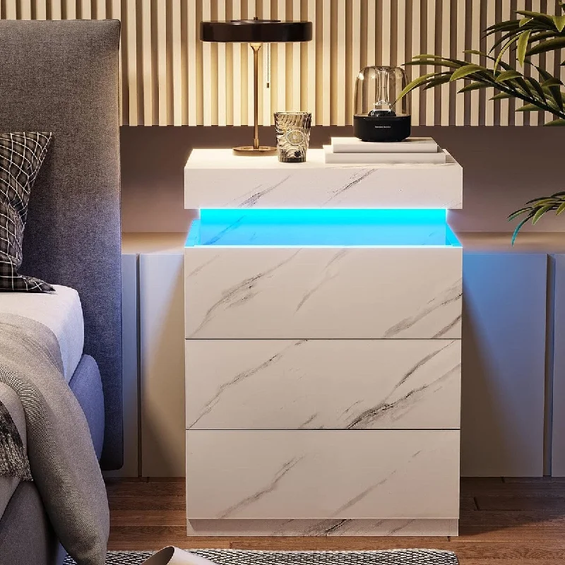 Nightstand with Charging Station and LED Lightswith Sliding 15.8"D x 17.7"W x 26.8"H