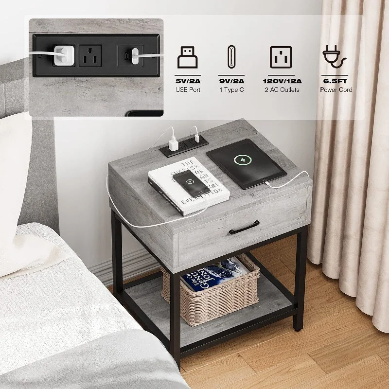 Nightstand with Charging Station Type-C&USB Ports and Outlets