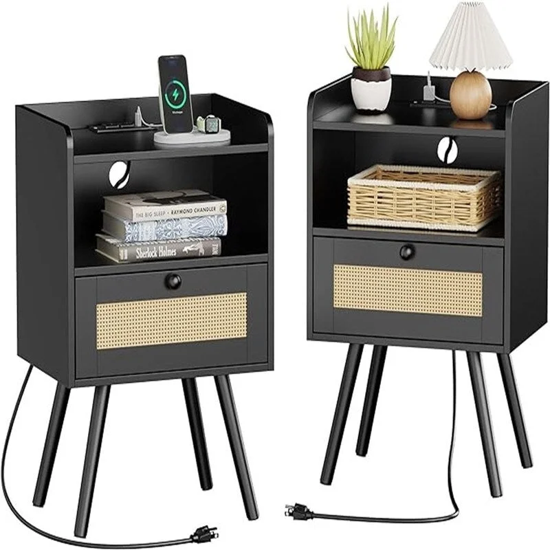 Nightstands Set of 2 with PE Rattan Drawers