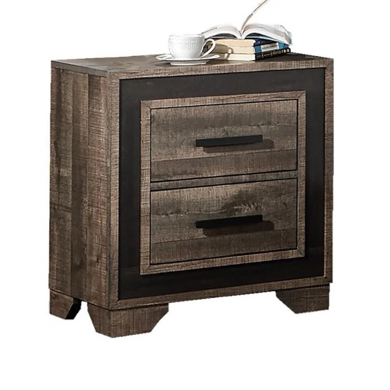 Nny 26 Inch Nightstand with 2 Drawers, Black Handles, Brown Wood Finish